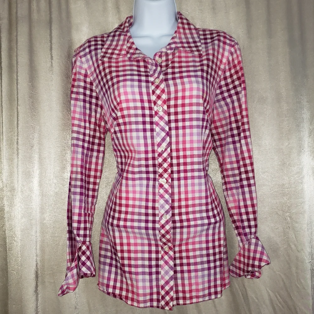 NWOT Talbots pink & purple gingham check button down blouse top Womens Medium_5